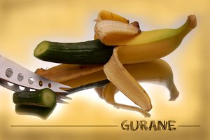 Genmanipulierte Gurke, die aus einer Banane wächst wird mit einem Messer geschält und zerkleinert
